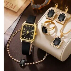 NWT 6pc Black Women Retro PU Leather Band Quartz Watches+Crystal Jewelry Set